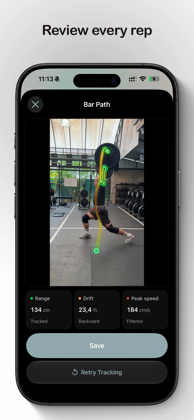 Bar Path video review on iPhone with a tracked lift path and movement metrics