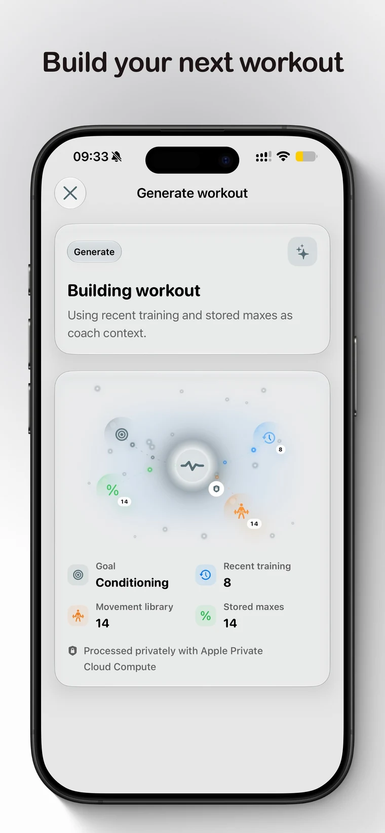 Generated Workout builder on iPhone creating a conditioning session