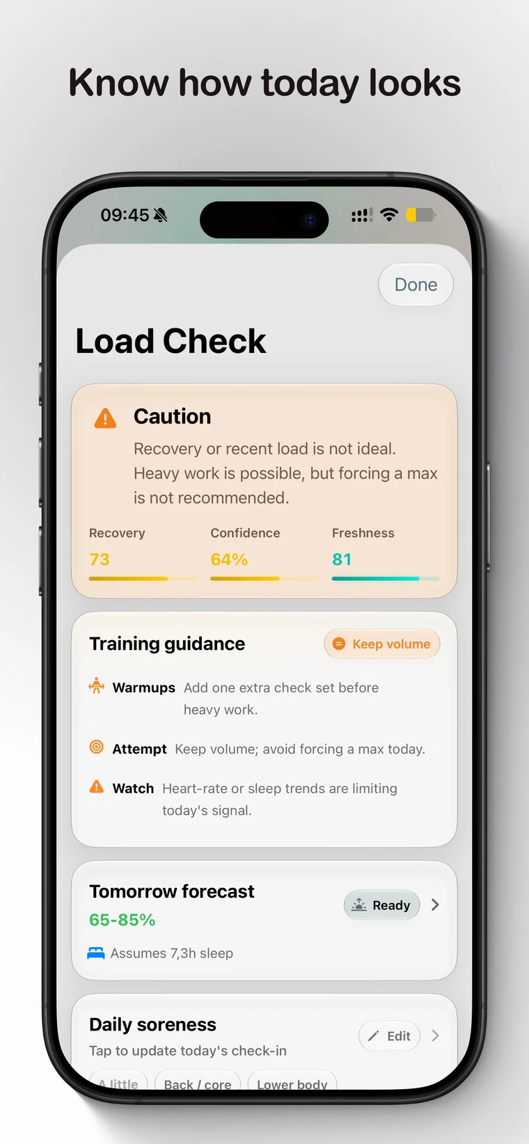 Load Check on iPhone with training guidance and forecast