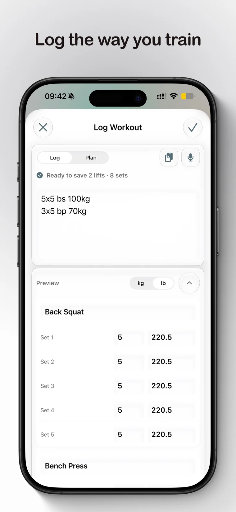Natural-language workout log and structured review on iPhone