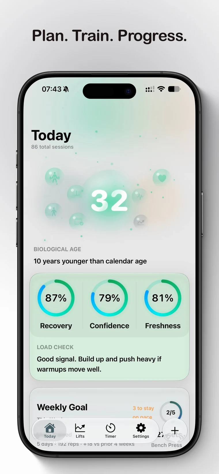 Today dashboard on iPhone with Biological Age, Load Check, weekly goal, planned workout, and recent training