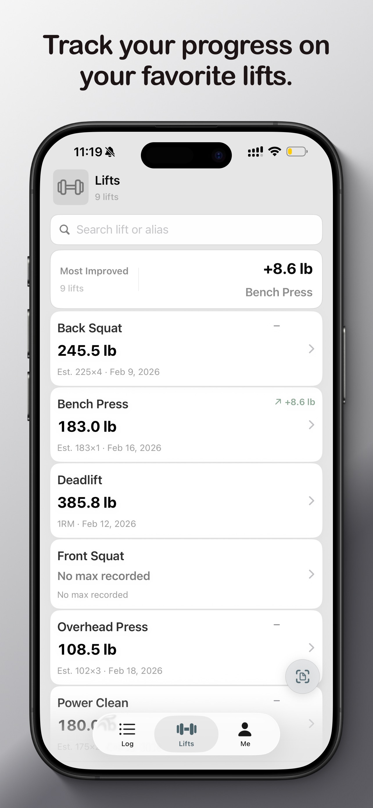 Lifts dashboard showing estimated 1RM for Back Squat, Bench Press, Deadlift, and more