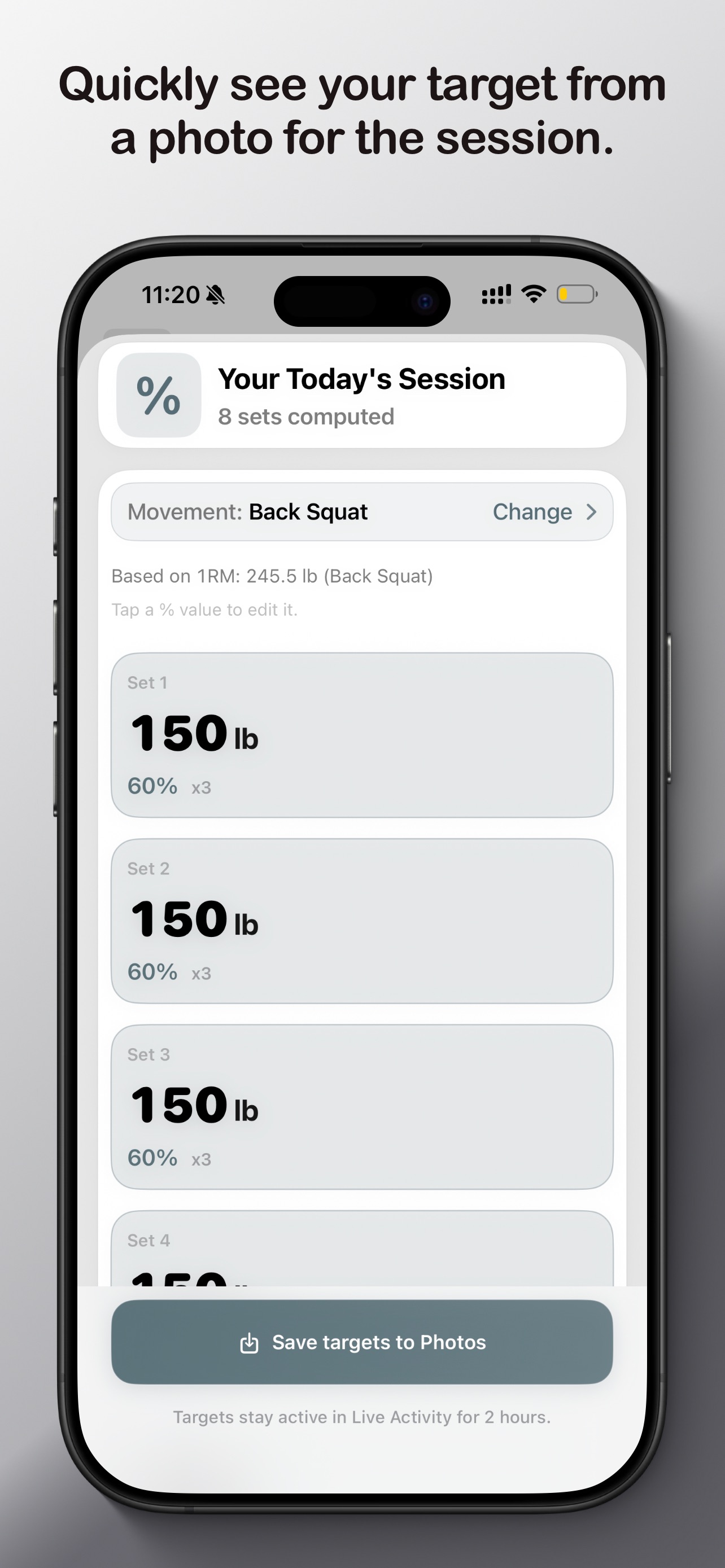 Session percentage view with computed target weights based on current 1RM