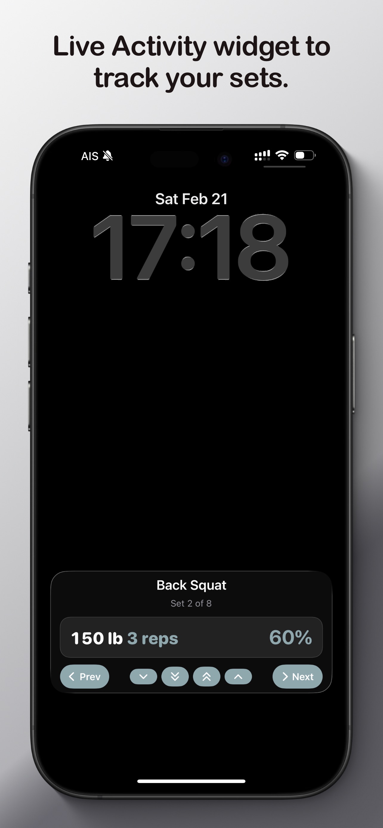 Lock screen Live Activity showing Back Squat set 2 of 8 at 150 lb, 3 reps, 60%