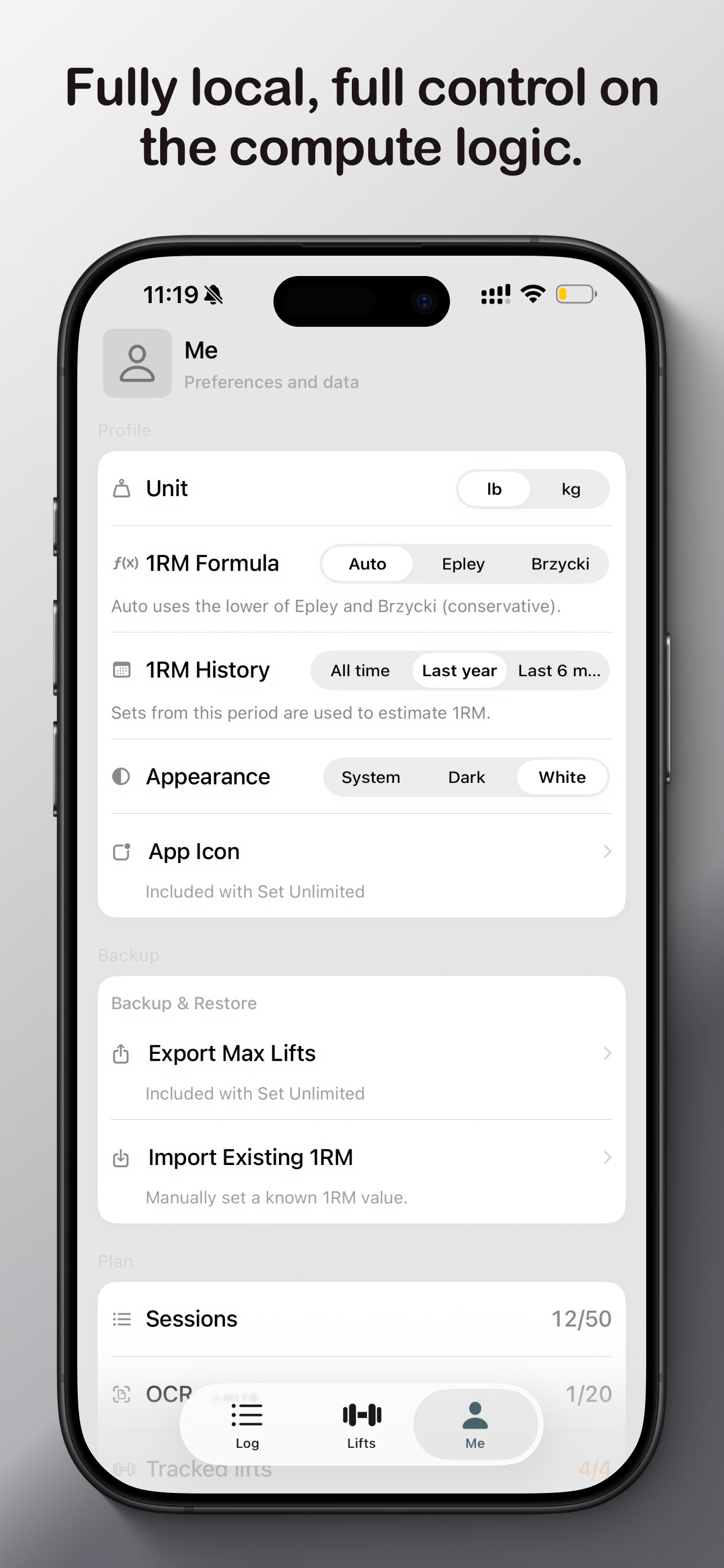 Me tab with unit preference, 1RM formula, appearance, and data export options