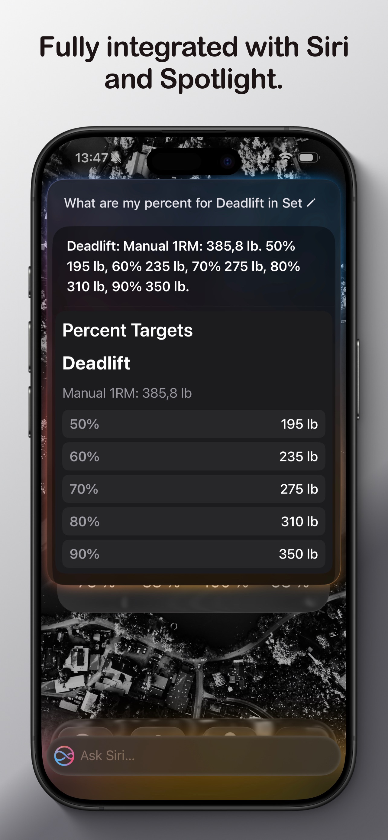Siri showing Deadlift percent targets from 50% to 90% based on 1RM
