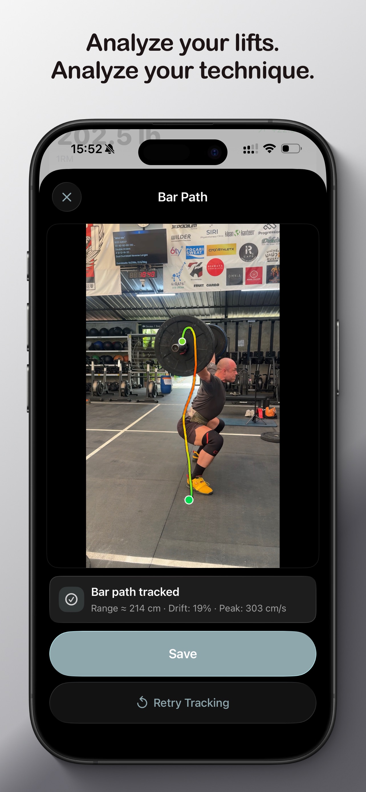 Bar path analysis view with tracked lift overlay, drift, range, and peak speed metrics