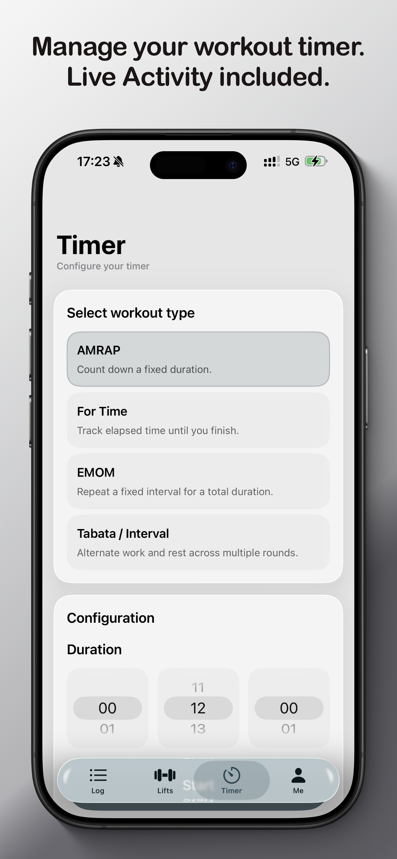 Timer tab with workout type selection for AMRAP, For Time, EMOM, and Tabata or Interval
