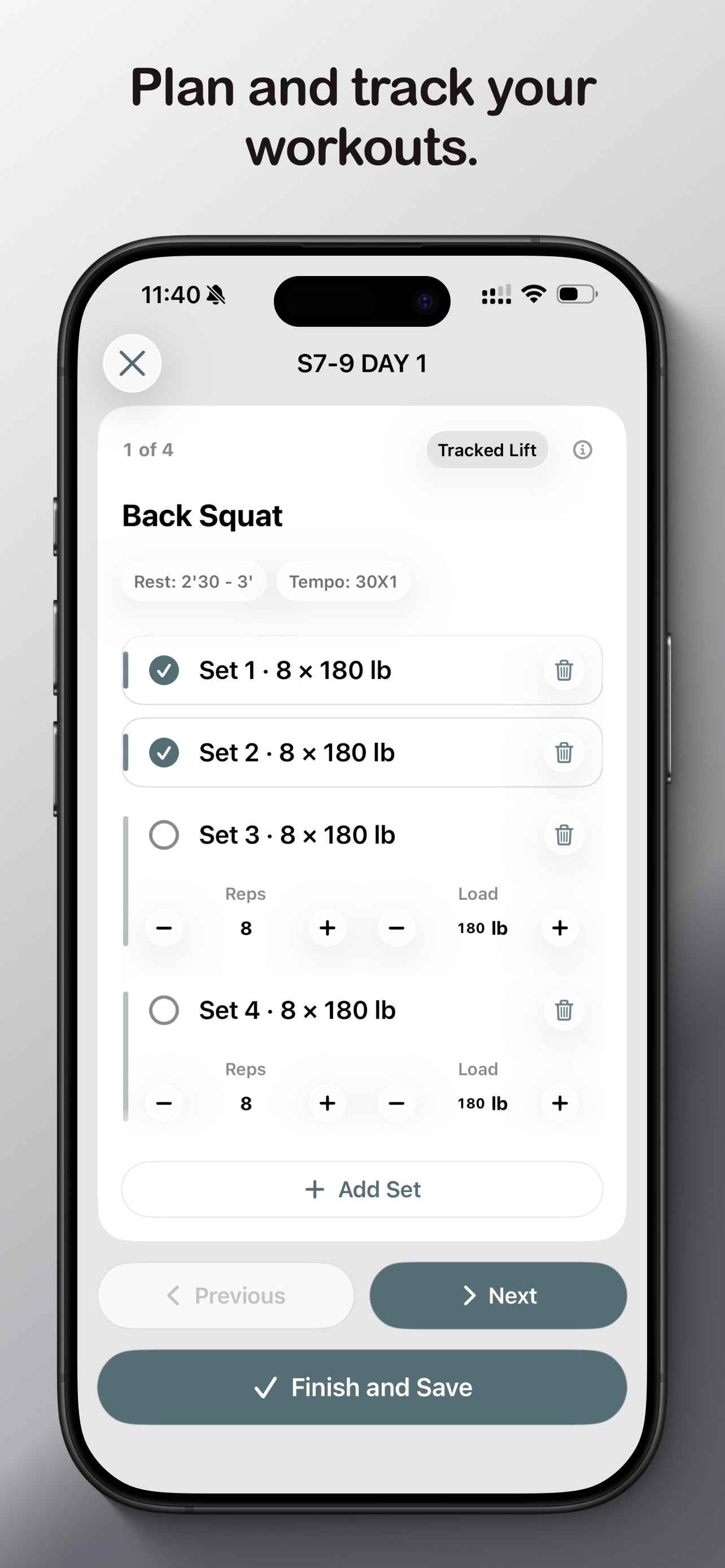 Planned workout tracking view showing target sets and progress through a saved plan